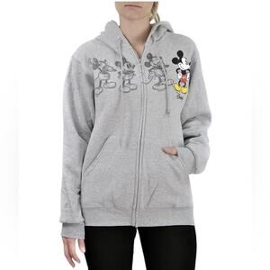 Disney Mickey Mouse Hoodie Zip-Up Fleece Gray Sweatshirt Classic Cartoon Print